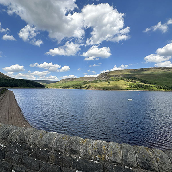 lakeside view with hills in the distance